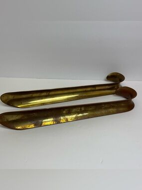 2 Vintage Solid Brass Curved Handle Shoe Horn Heavy 12" Long Gold Metal Shoehorn